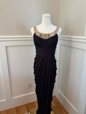 Adrianna Papell Navy Beaded Neckline Ruched Evening Gown Formal Dress Women’s 4